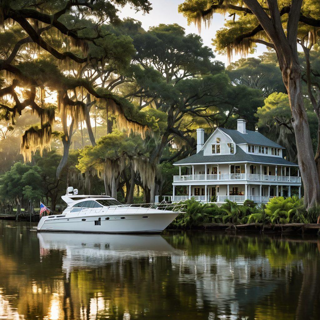 A serene Louisiana bayou scene showcasing a beautiful yacht anchored peacefully amidst lush greenery and moss-draped trees. The water's surface shimmers under golden sunlight, reflecting both the calmness of the setting and hints of complex marine insurance documents floating nearby. The background features a small coastal village with charming cottages, evoking a sense of community and adventure. super-realistic. vibrant colors. peaceful atmosphere.