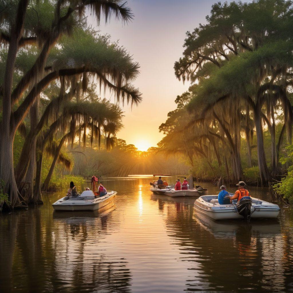 A serene Louisiana bayou during sunset, featuring diverse boats and a smiling family preparing to set sail. Include essential boating safety gear scattered around the boats, like life jackets and a first-aid kit. Capture the lush greenery of the bayou with cypress trees in the background and soft ripples on the water's surface. The atmosphere should convey adventure and safety, enticing boaters to be well-prepared. vibrant colors. super-realistic. natural lighting.