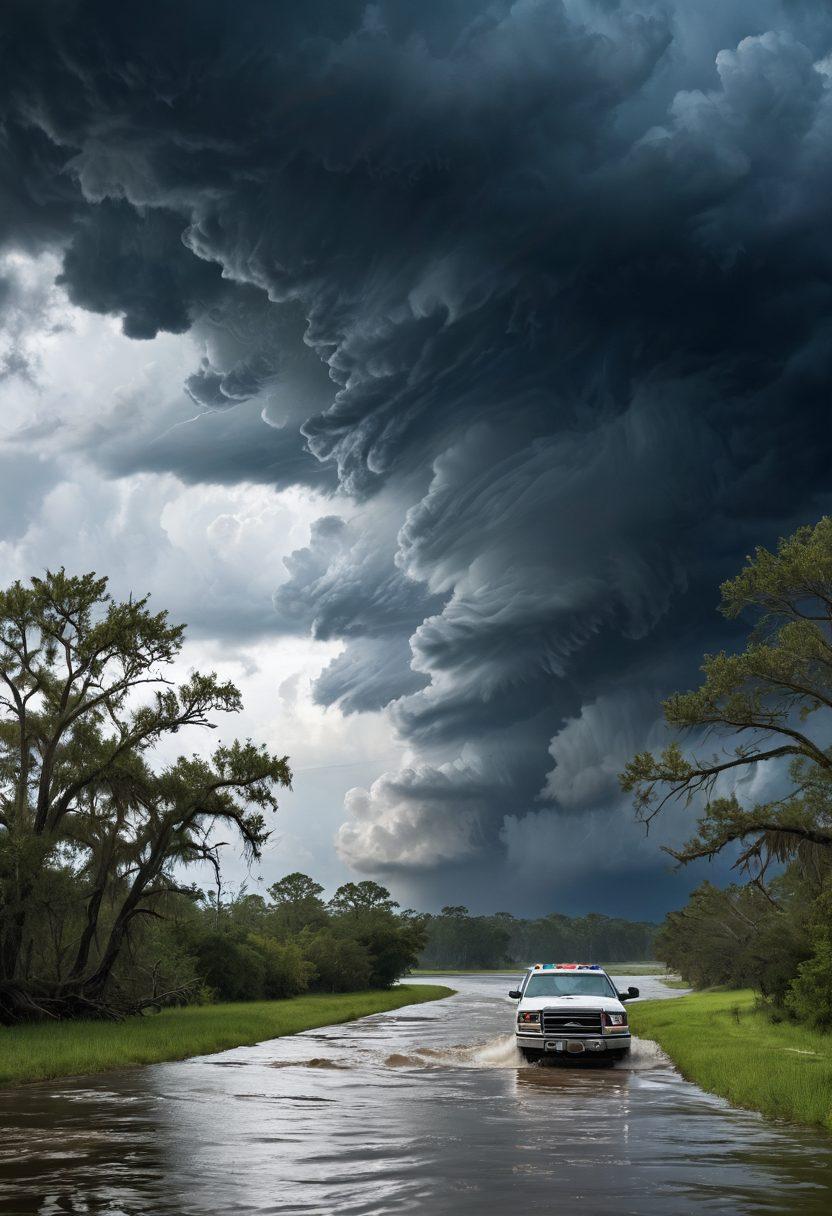 A stormy scene depicting the resilience of Louisiana's waterways, featuring a powerful hurricane swirling in the background, with a symbolic element of an insurance policy floating above, representing security amid chaos. Include elements like a levee and cypress trees, illustrating the unique landscape. The color palette should highlight dark storm clouds contrasted with vibrant emergency gear. super-realistic. vibrant colors. dramatic lighting.